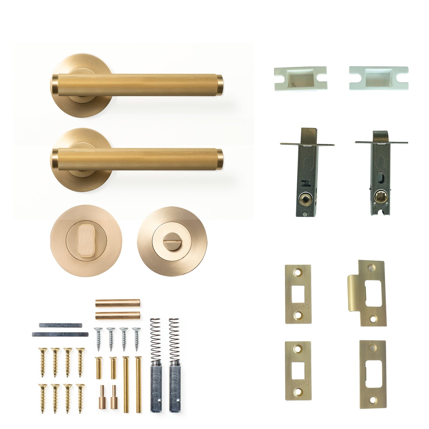 Momo Bellevue Lined Door Handle Tubular Latch Privacy Set Brushed Satin Brass