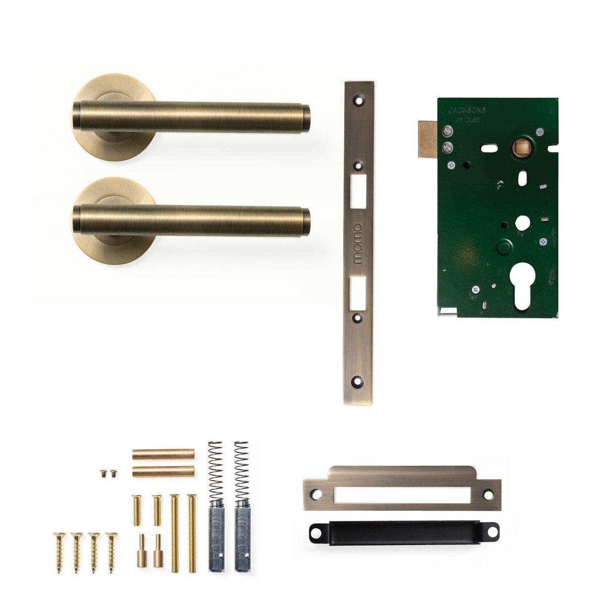 Momo Bellevue Plain Door Handle Mortice Lock Passage Set Dark Brushed Brass