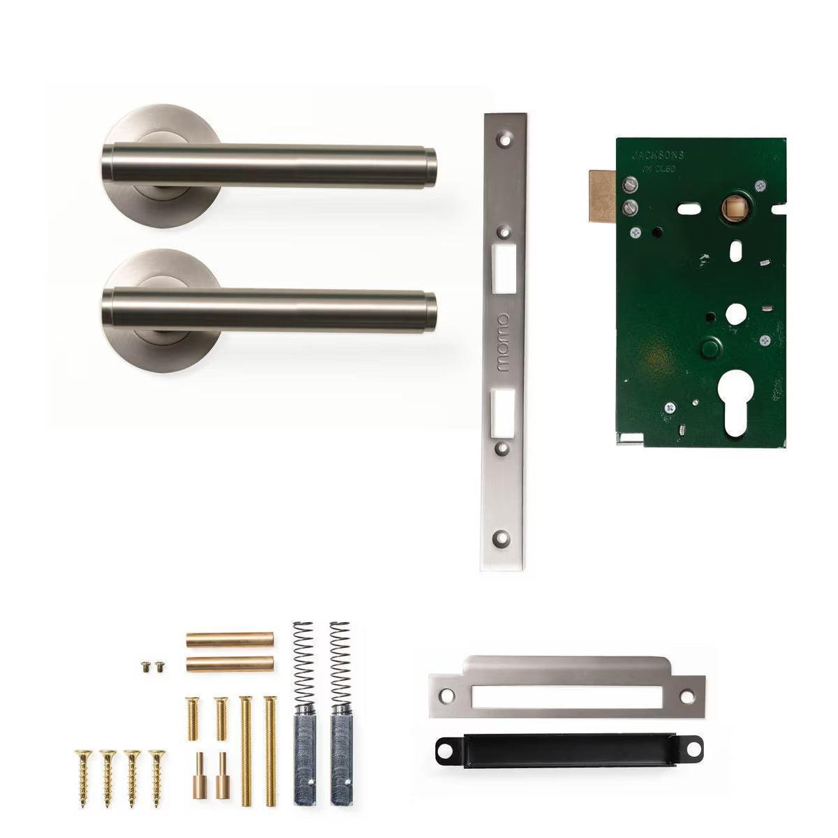 Momo Bellevue Plain Door Handle Mortice Lock Passage Set Dull Brushed Nickel