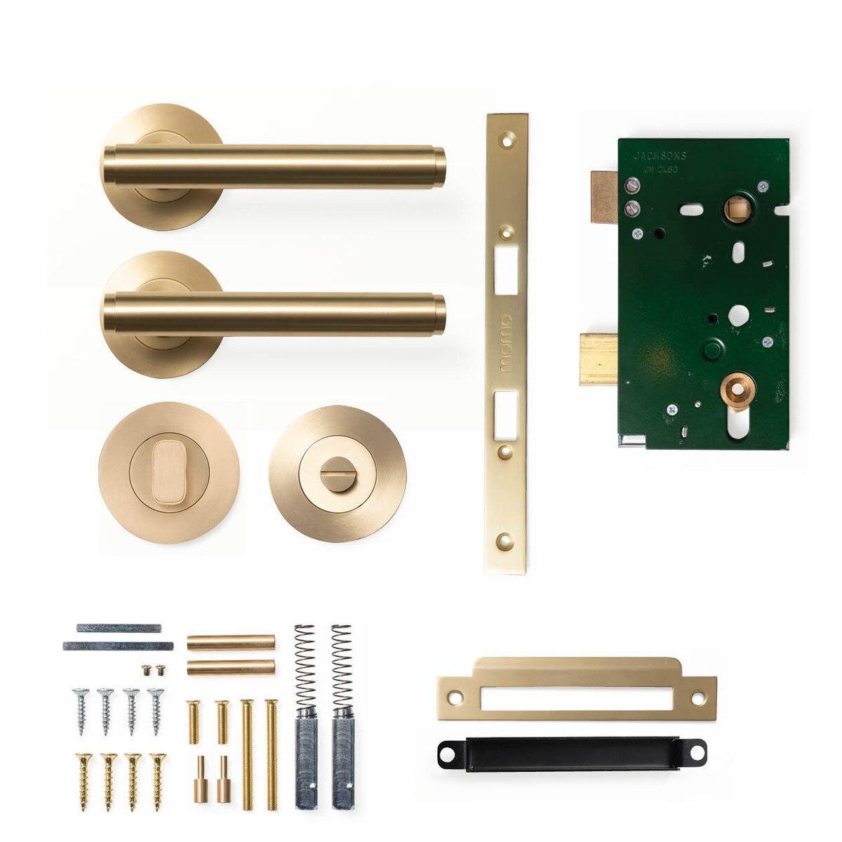 Momo Bellevue Plain Door Handle Mortice Lock Privacy Set Brushed Satin Brass