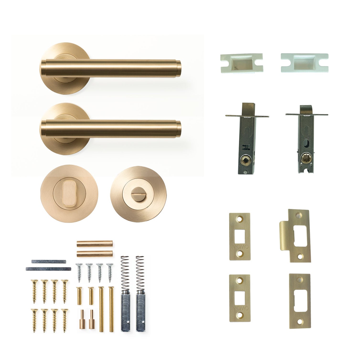 Momo Bellevue Plain Door Handle Tubular Latch Privacy Set Brushed Satin Brass