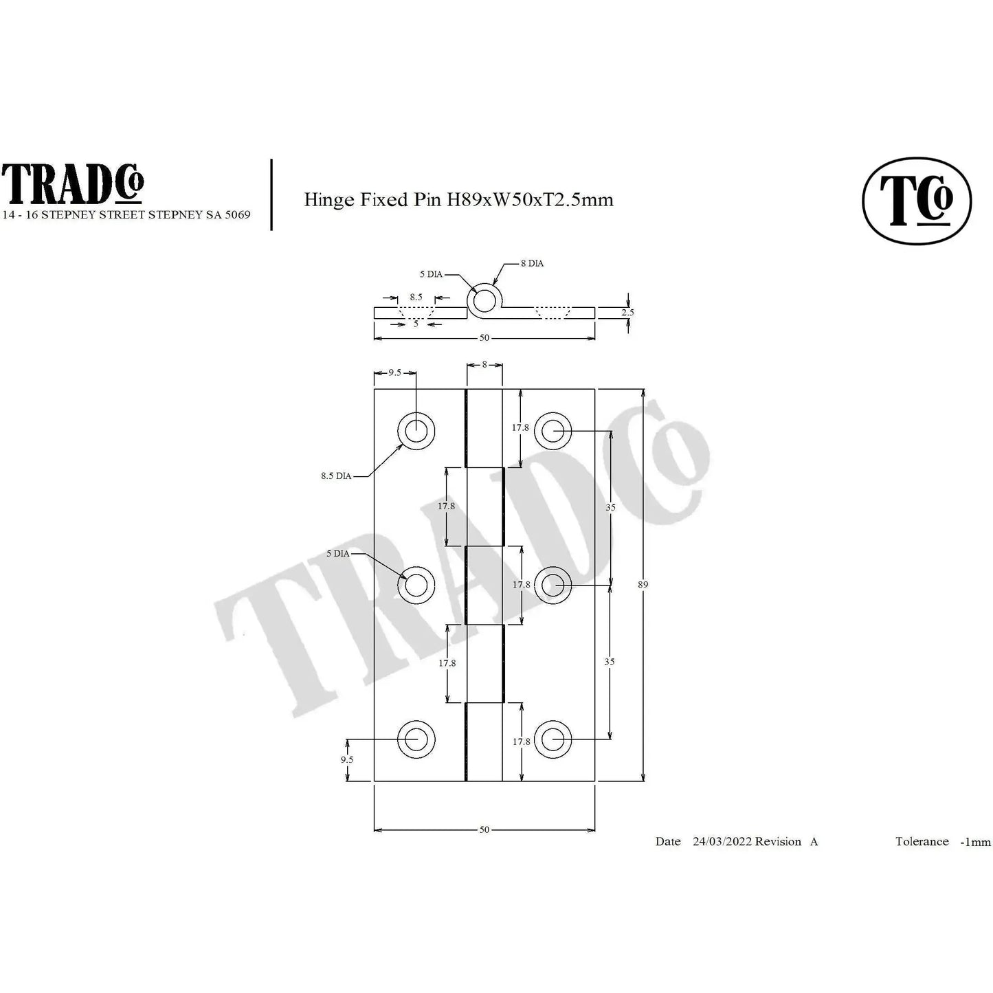 SDG Hinge Fixed Pin Polished Nickel W50mm