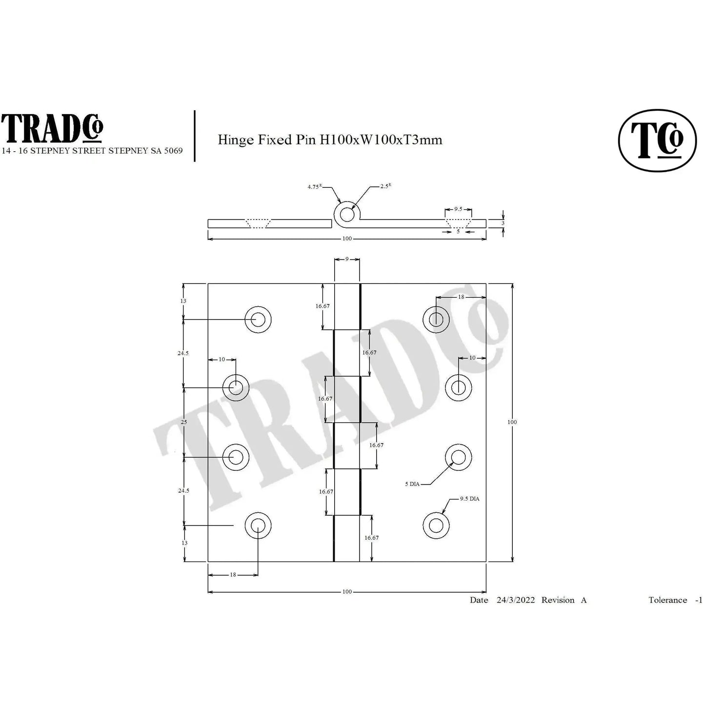 SDG Hinge Fixed Pin Satin Nickel W100mm