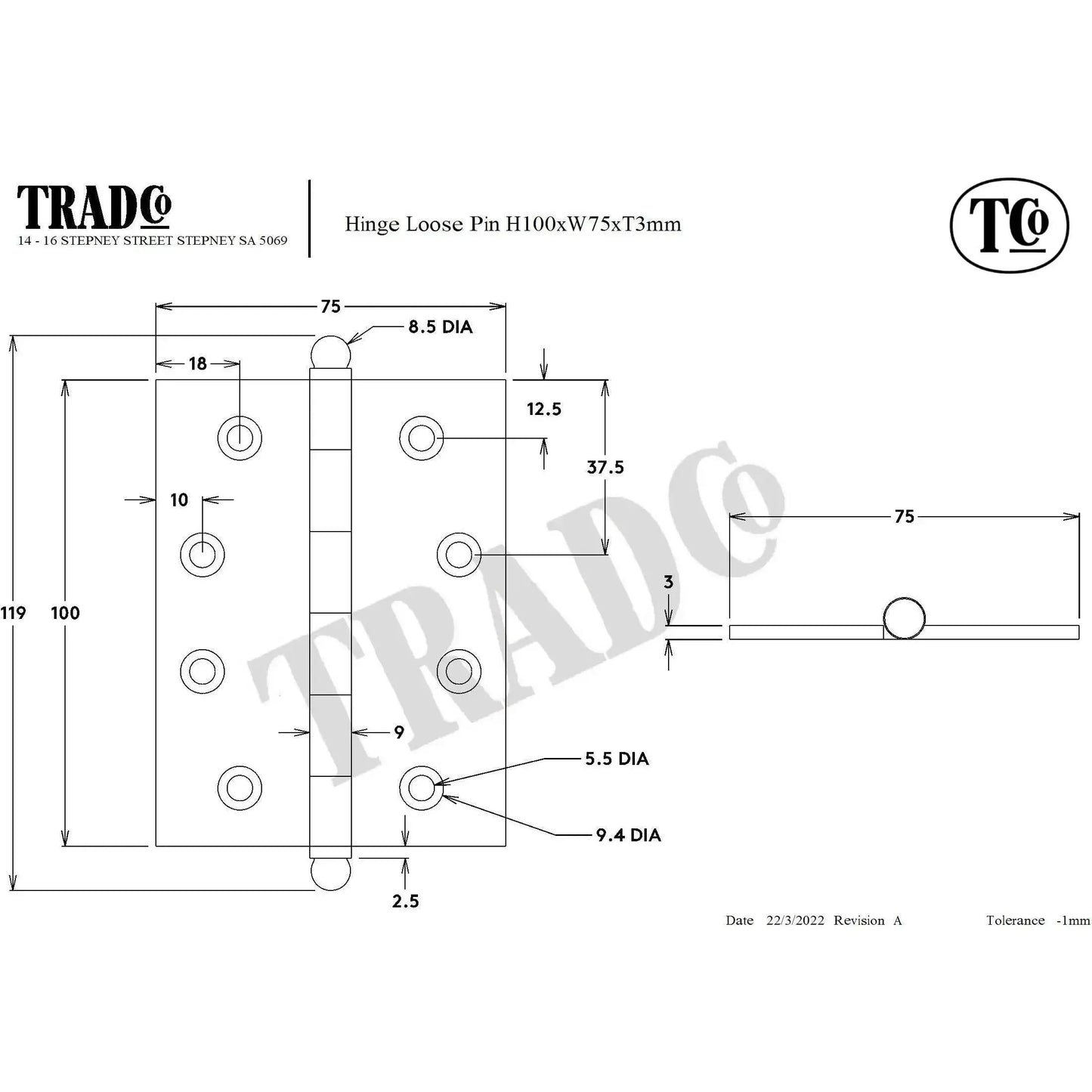 SDG Hinge Loose Pin Satin Nickel W75mm