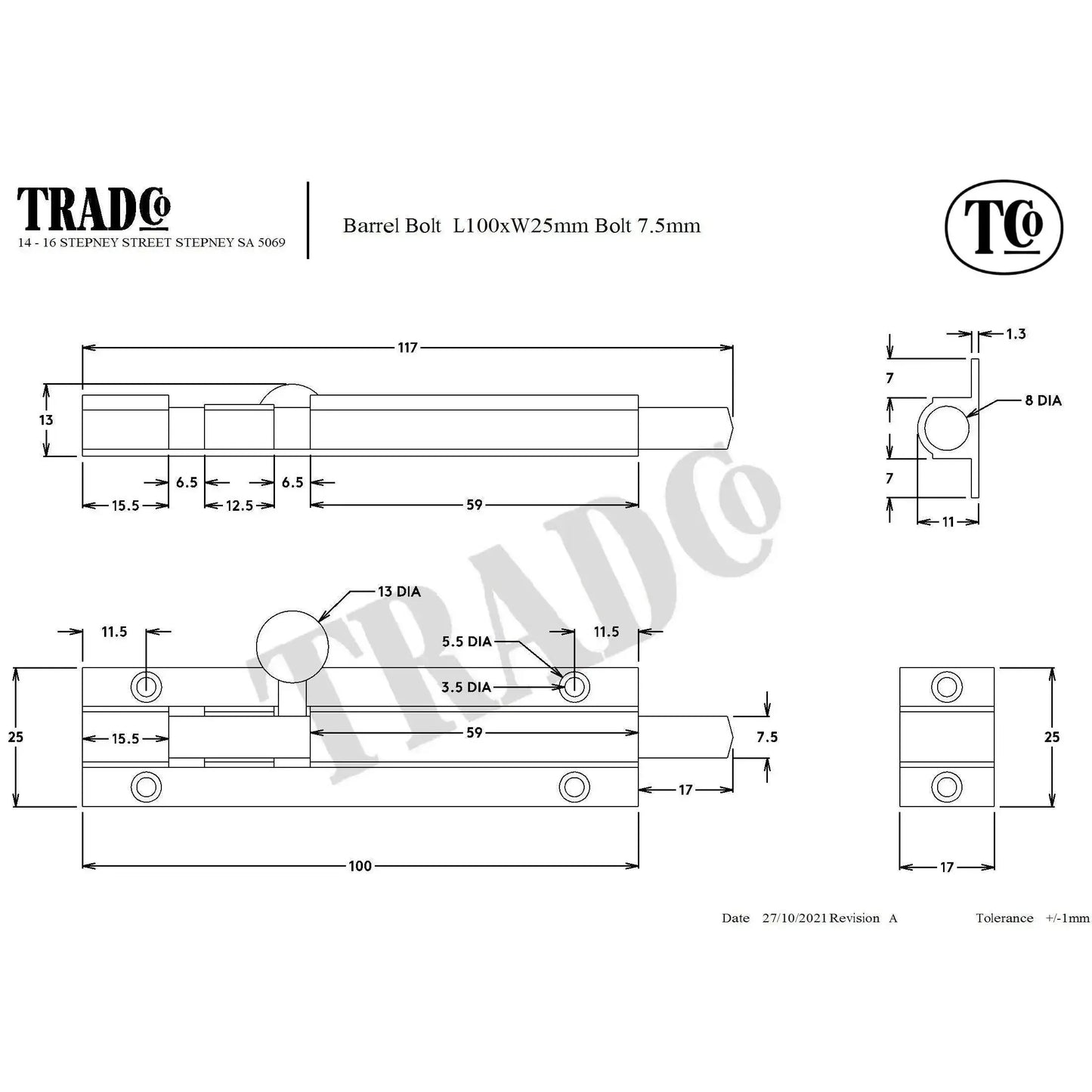 Tradco Barrel Bolt Polished Brass L100mm