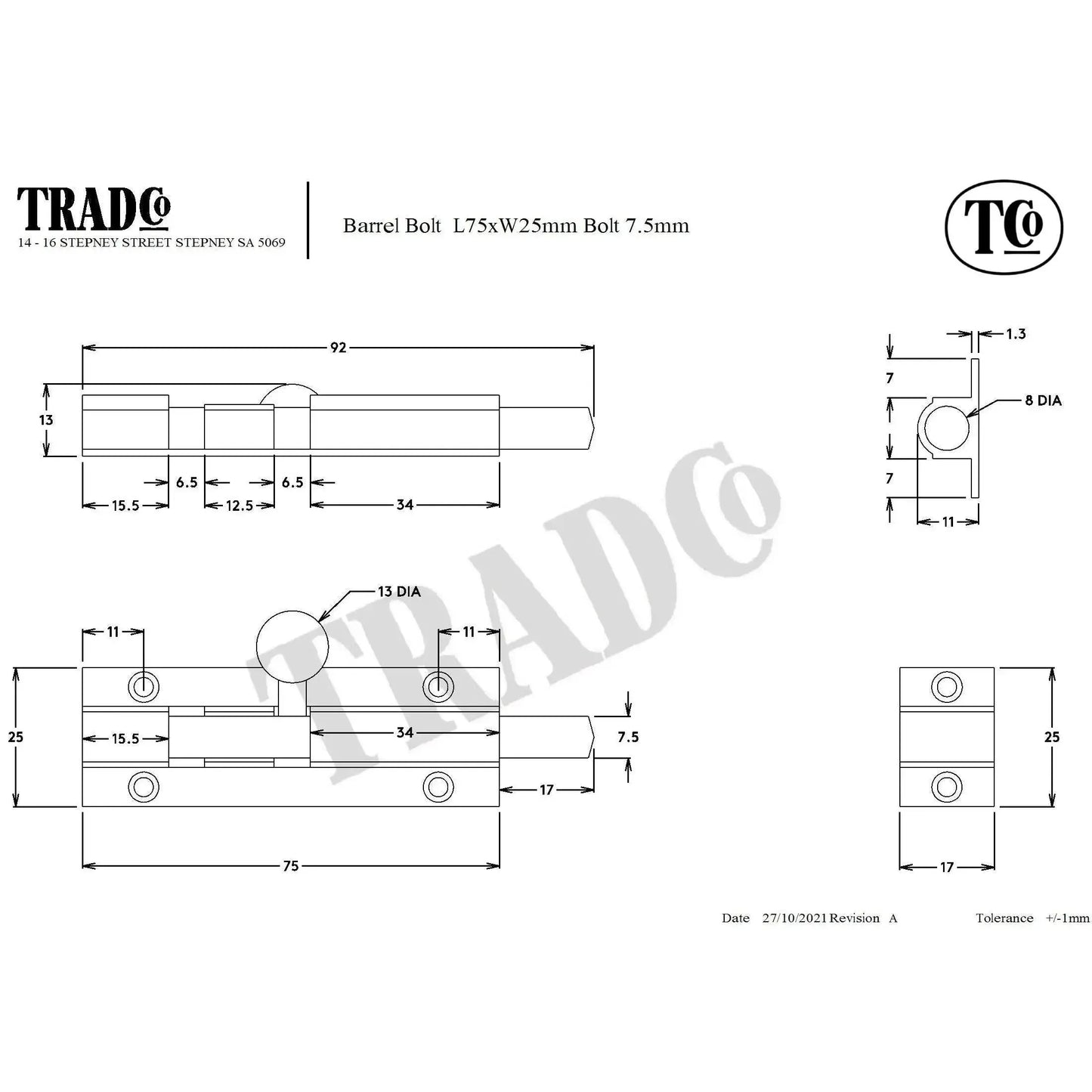 Tradco Barrel Bolt Polished Brass L75mm