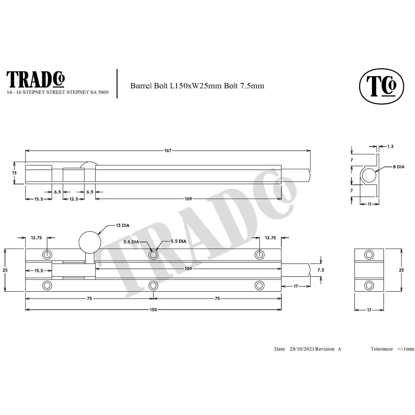 Tradco Barrel Bolt Satin Brass L150mm