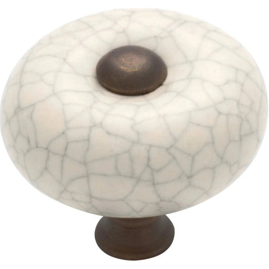 Tradco Cupboard Knob Crazed Ivory Porcelain Round Antique Brass D32xP29mm