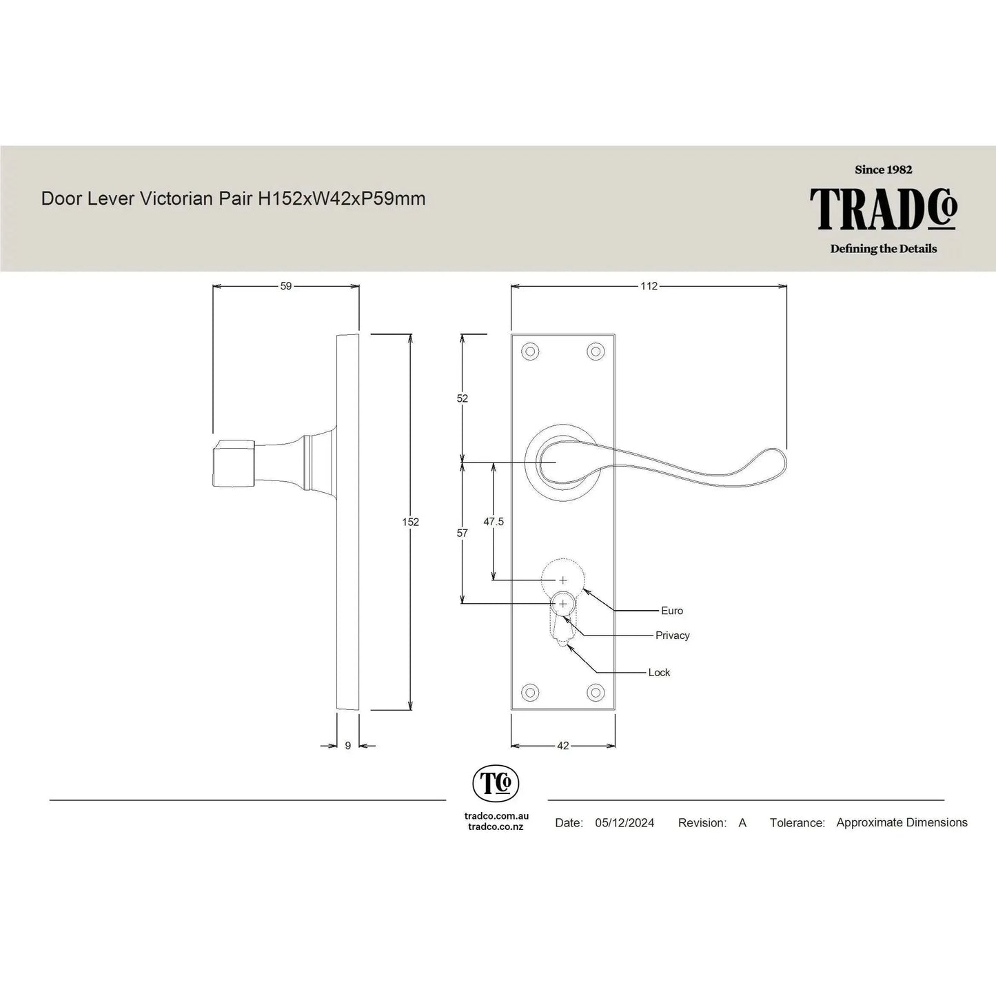 Tradco Door Handle Victorian Lock Pair Matt Black
