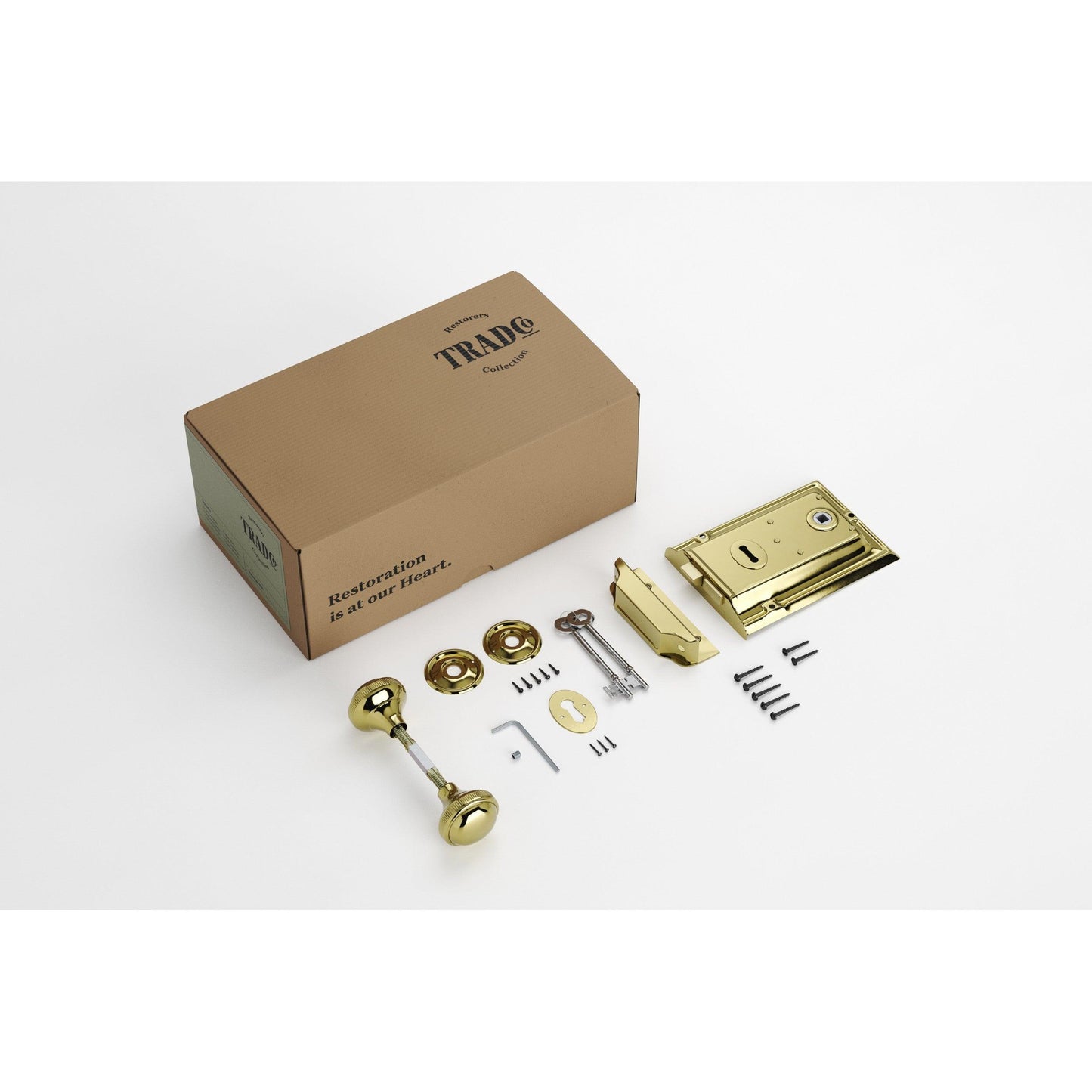 Tradco Door Knob Milled Edge Polished Brass 45mm & Rim Lock PB Set