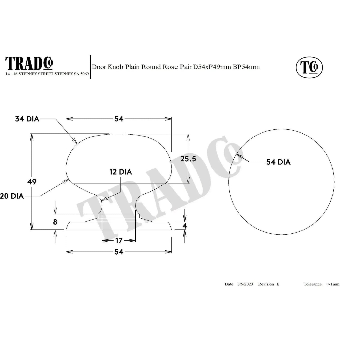 Tradco Door Knob Mortice Plain Pair Antique Copper