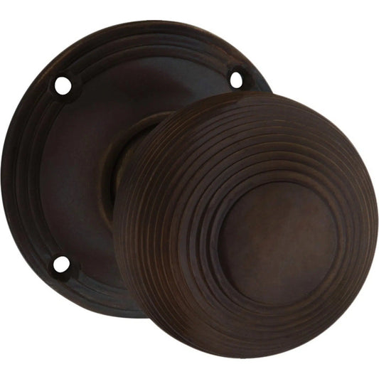 Tradco Door Knob Reeded Mortice Pair Antique Brass