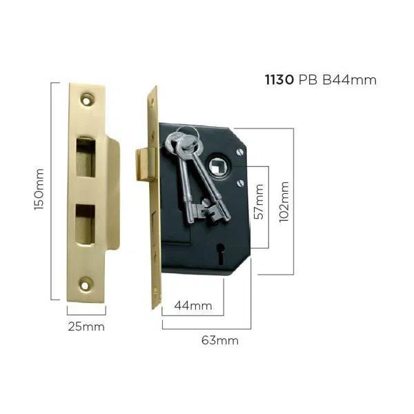 Tradco Mortice Lock 3 Lever Polished Brass CTC57mm Backset 44mm