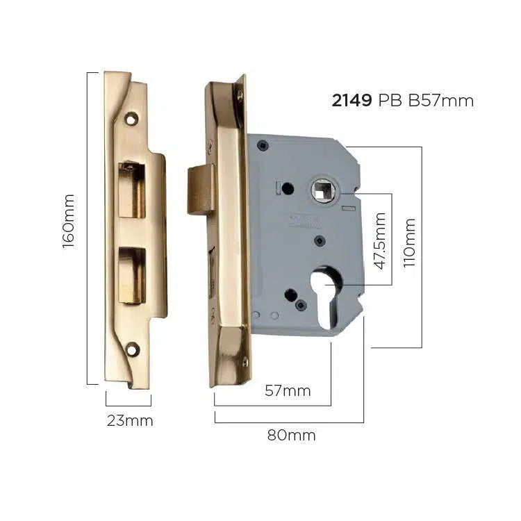 Tradco Mortice Lock Euro Rebated Polished Brass CTC47.5mm Backset 57mm