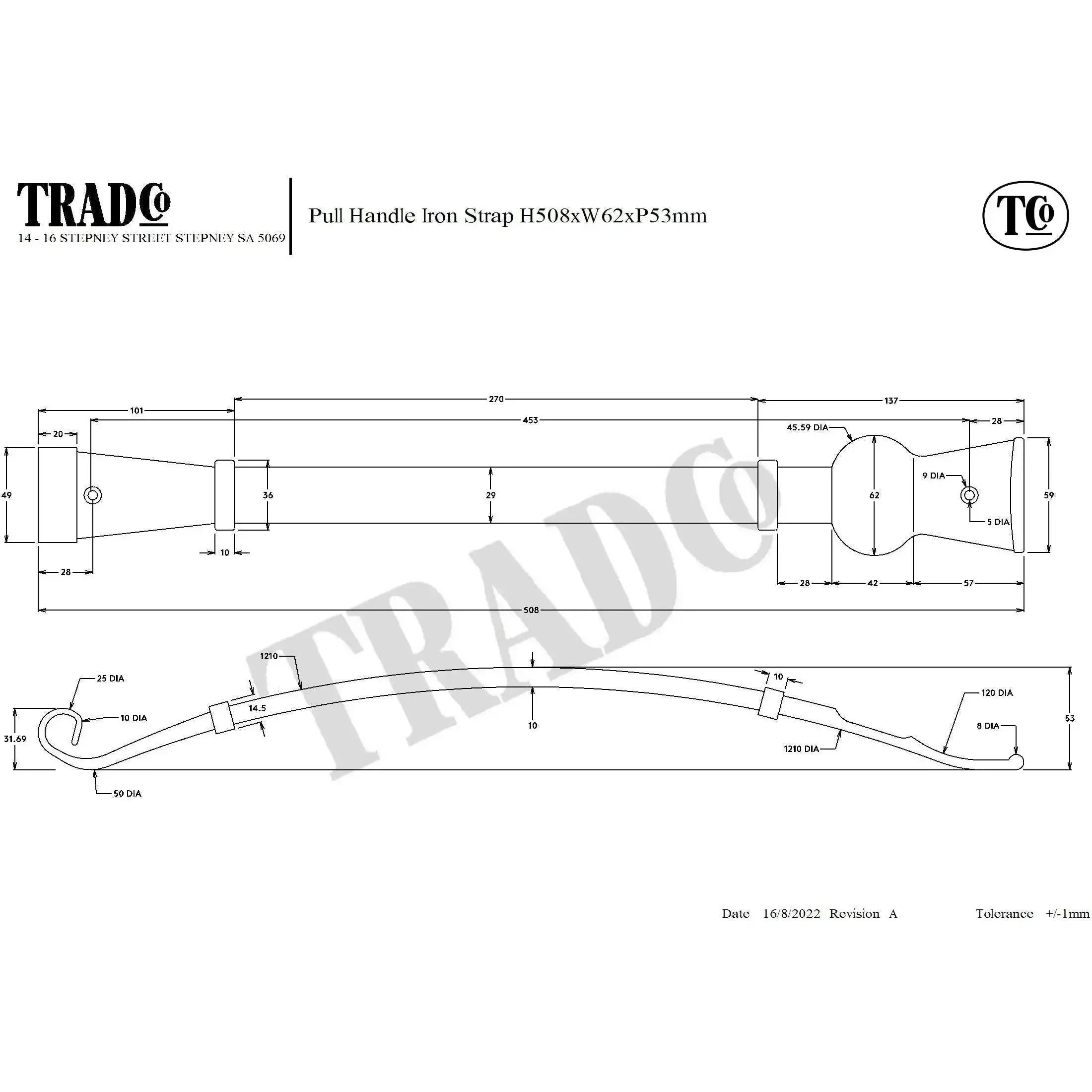 Tradco Pull Handle Iron Strap Matt Black H510xP55mm
