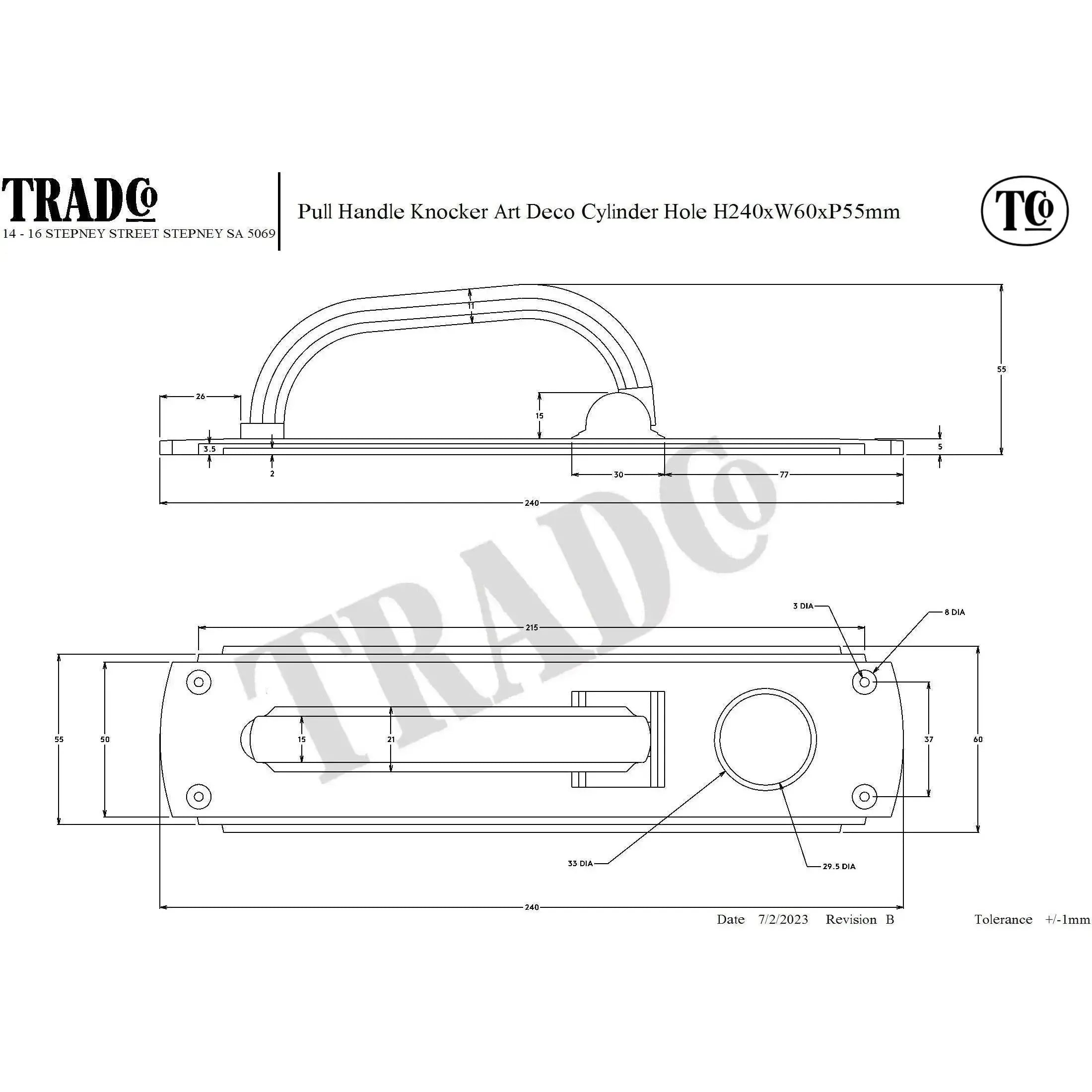 Tradco Pull Handle Knocker Art Deco Cylinder Hole Chrome Plated H240xW60mm