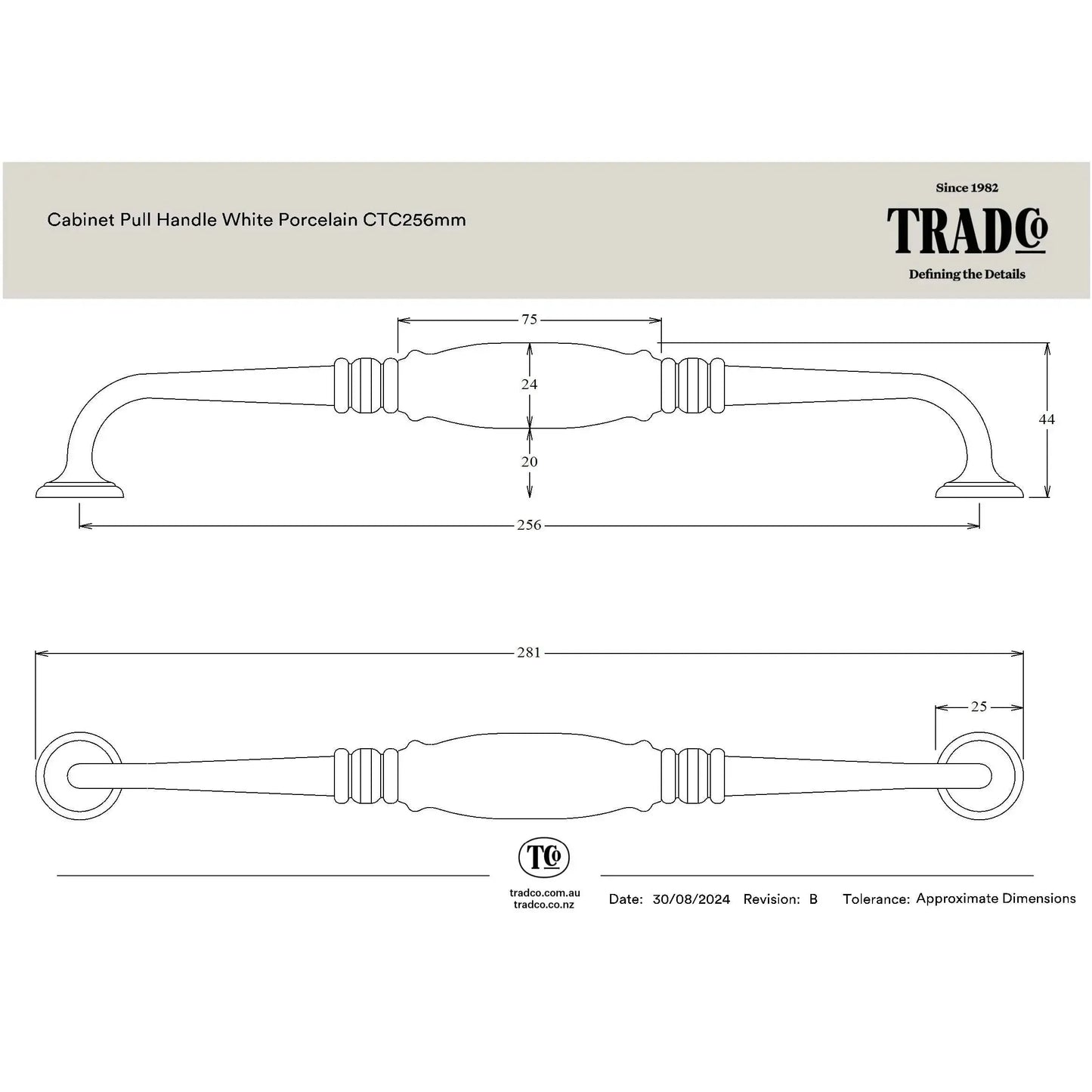 Tradco Pull Handle White Porcelain Antique Brass CTC256mm