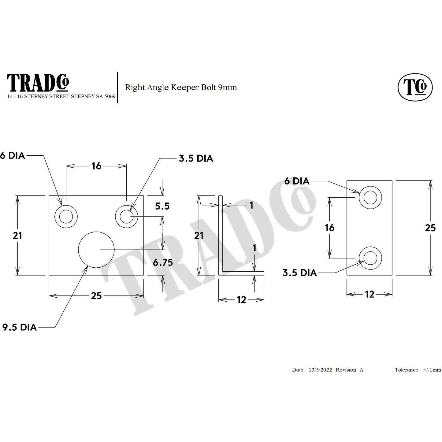 Tradco Right Angle Keeper Antique Copper Bolt 9mm