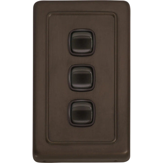 Tradco Switch Flat Plate Rocker 3 Gang Brown Antique Brass W72mm
