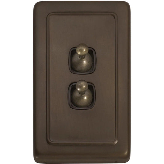 Tradco Switch Flat Plate Toggle 2 Gang Brown Antique Brass W72mm