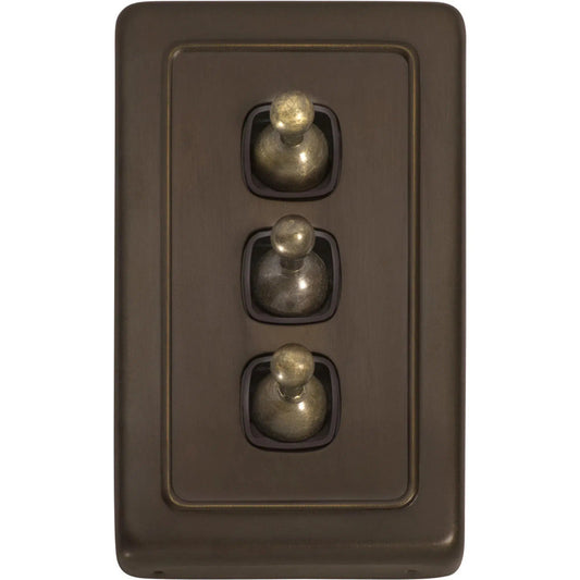 Tradco Switch Flat Plate Toggle 3 Gang Brown Antique Brass W72mm