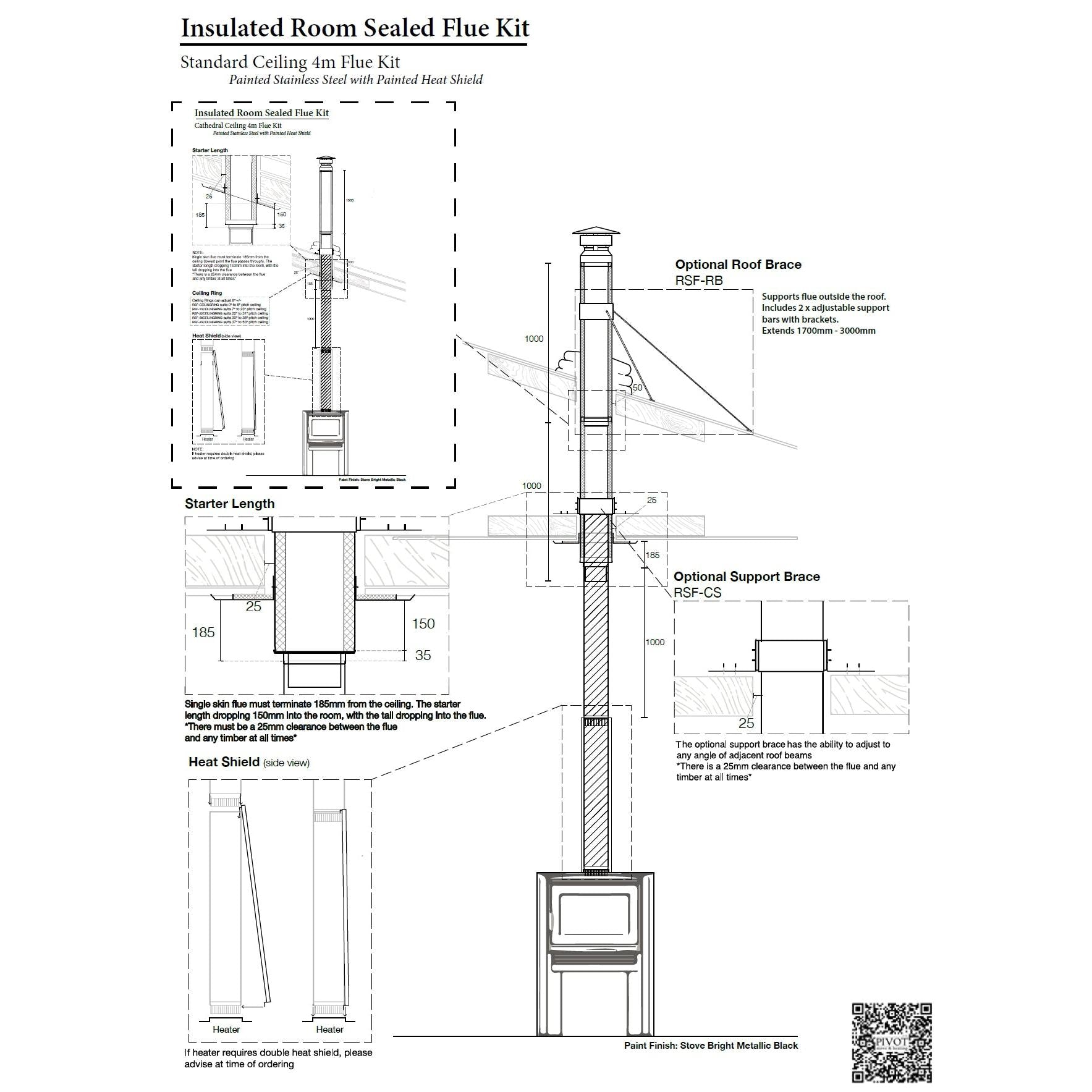 10" Standard Room Sealed 4m Flue Kit All Black (Suits Freestanding Fireplaces)