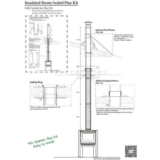 6" Fully Insulated Room Sealed Flue Kit 4m Flue Kit All Black (Suits Freestanding Fireplaces)