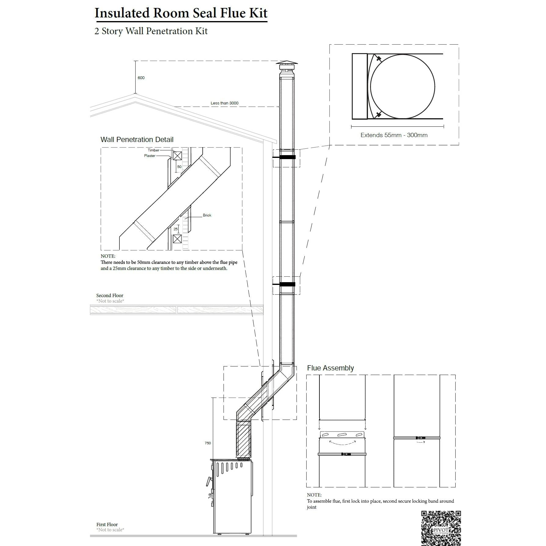 5" Two Storey Wall Penetration Room Flue Kit All Black (Suits Freestanding Fireplaces)