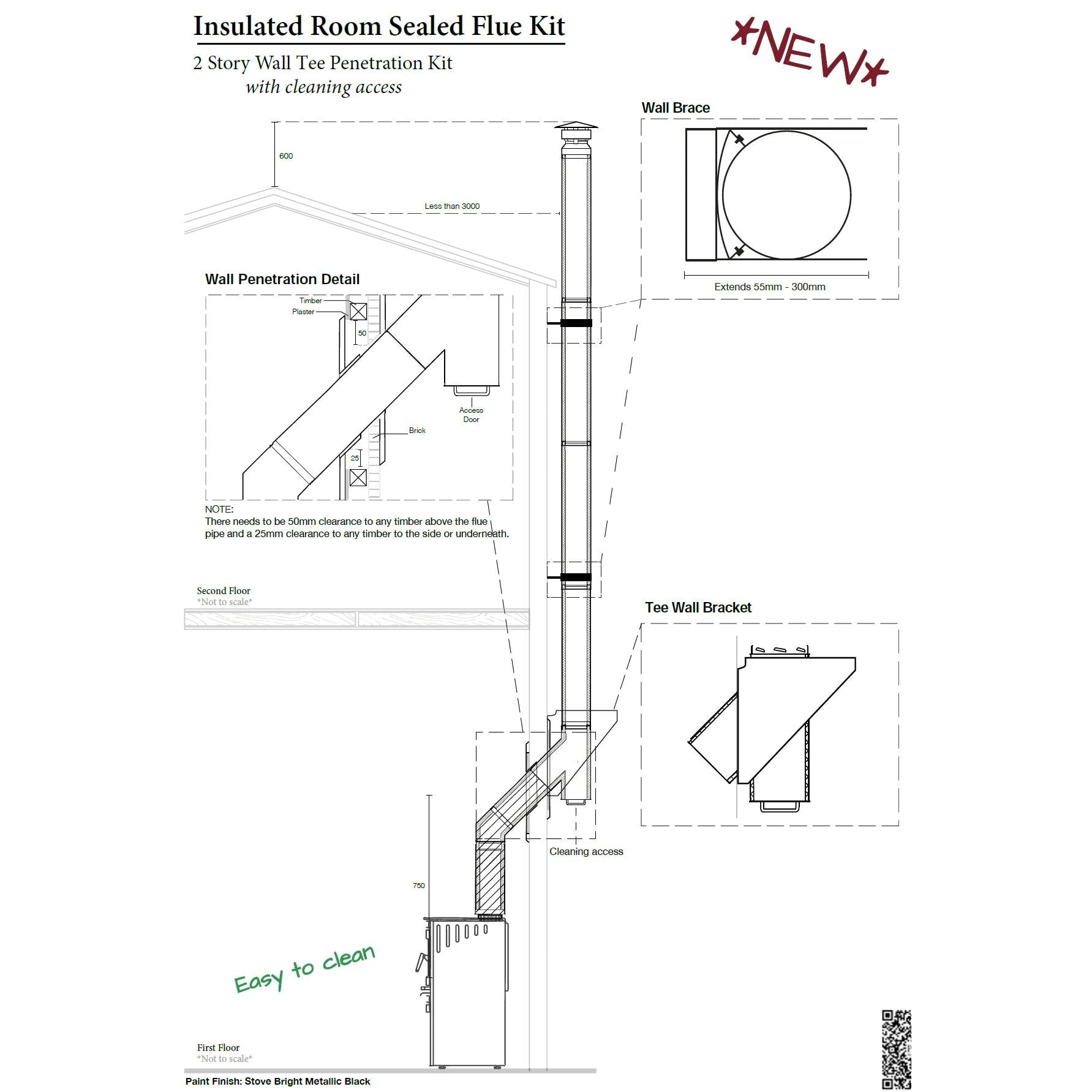 5" Two Storey Wall Tee Penetration Room Flue Kit All Black (Suits Freestanding Fireplaces)