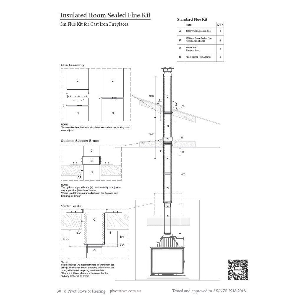 6" Standard Insulated Room Sealed 5m Flue Kit (Suits Inbuilt Fireplaces)