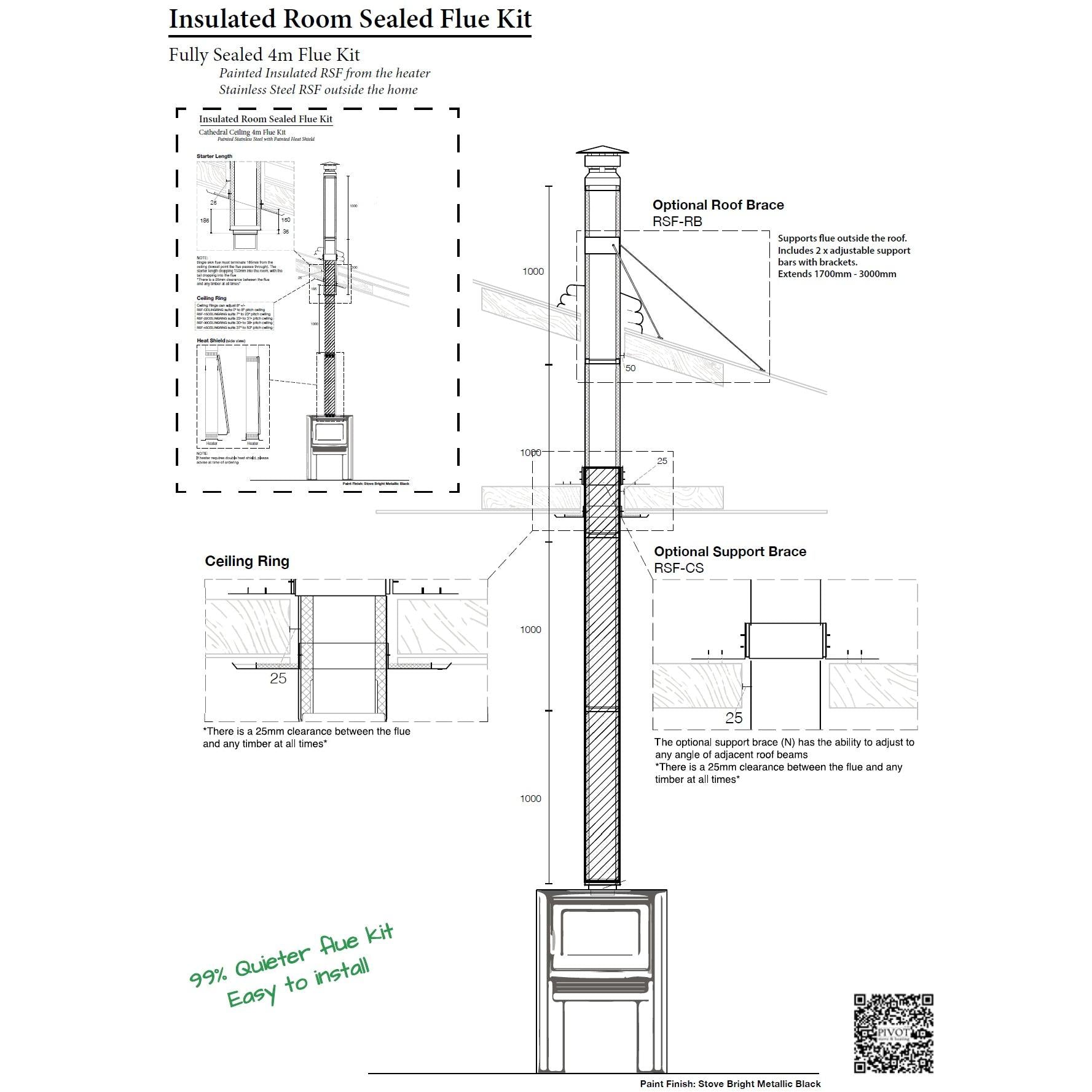 8" Fully Insulated Room Sealed 4m Flue Kit All Black (Suits Freestanding Fireplaces)