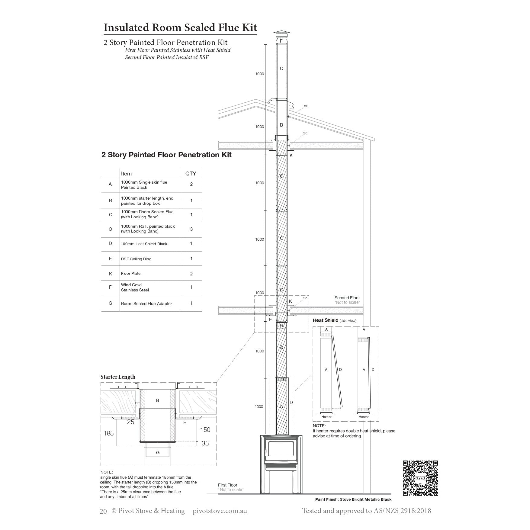 8" Two Storey Painted Floor Penetration Room Sealed Flue Kit - 2.7m (Suits Freestanding Fireplaces)