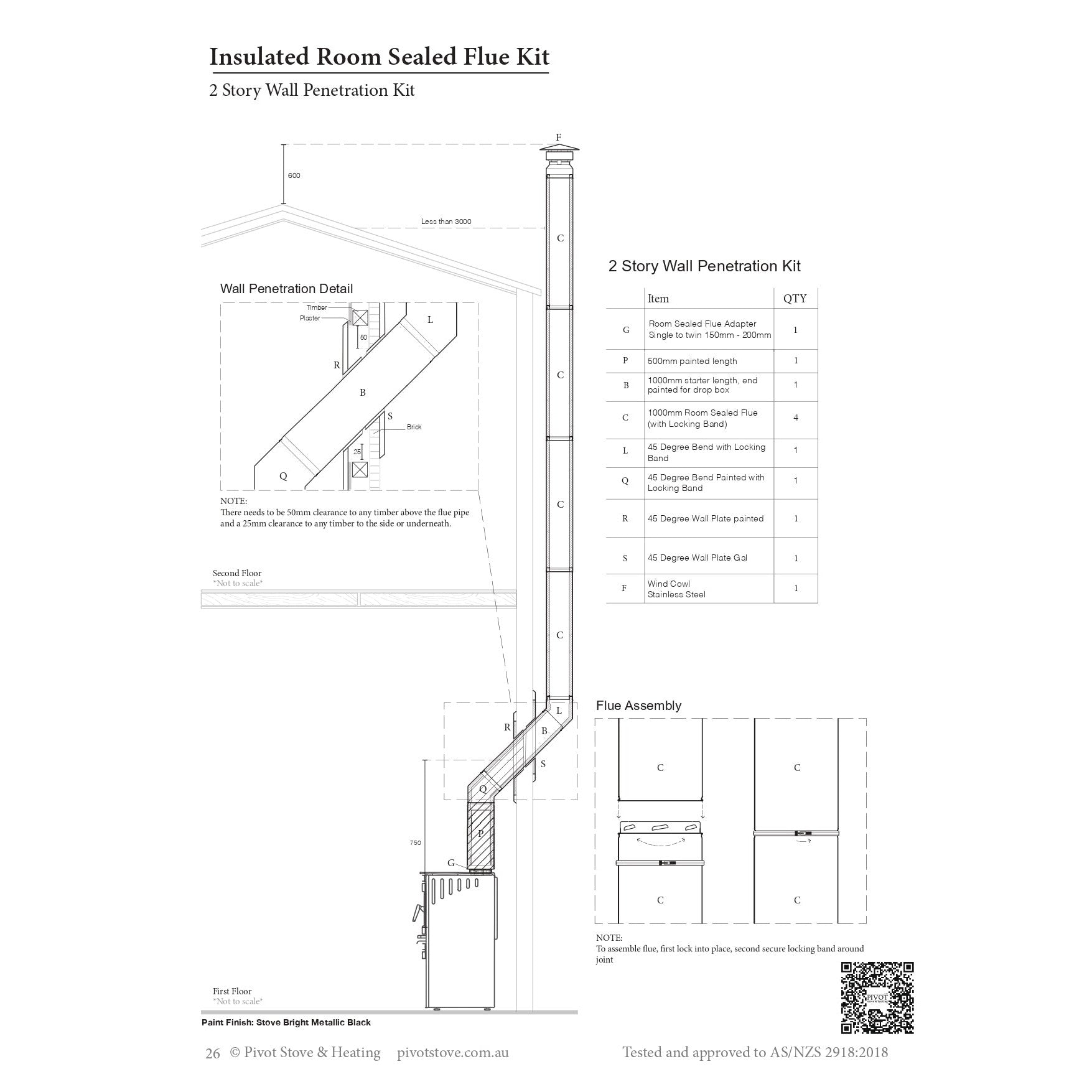 8" Two Storey Wall Penetration Room Sealed Flue Kit (Suits Freestanding Fireplaces)