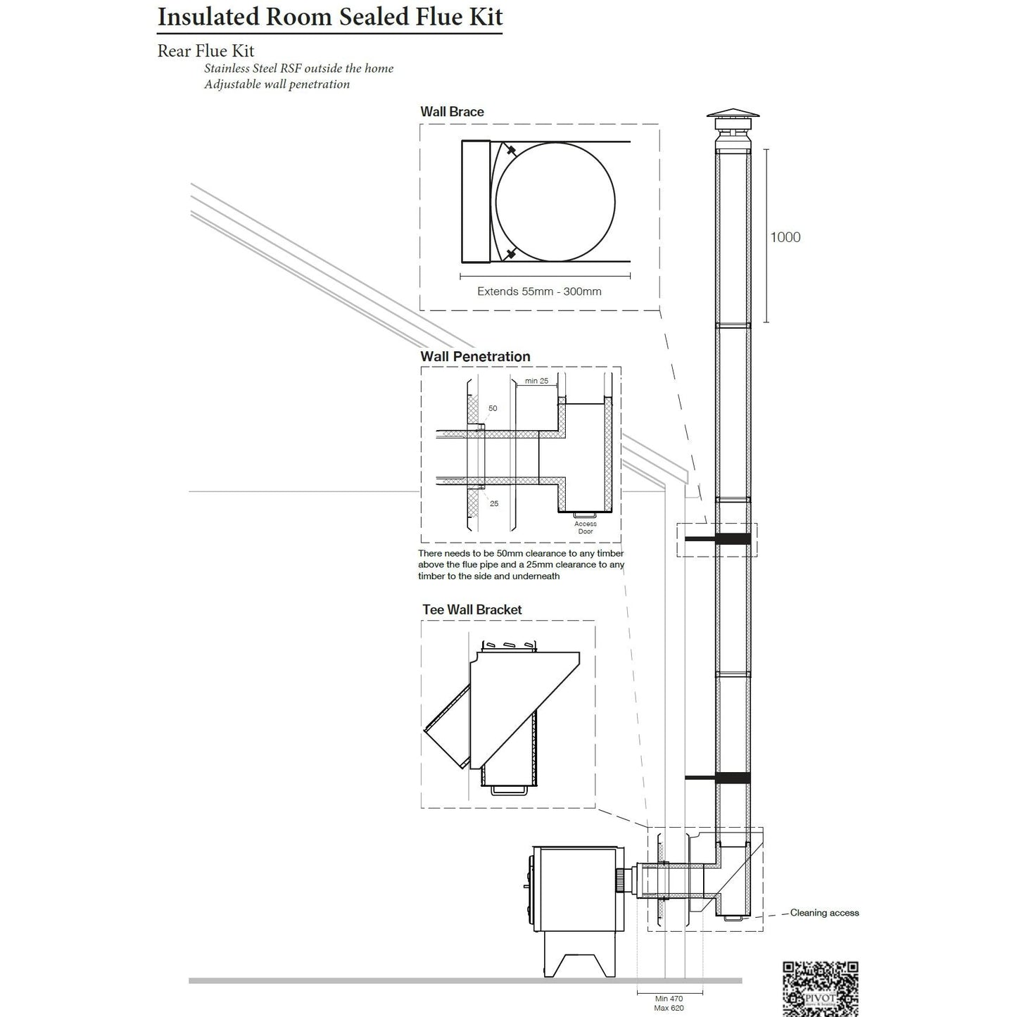 5" Insulated Rear Room Sealed Rear 4m Flue Kit All Black (Suits Freestanding Fireplaces)