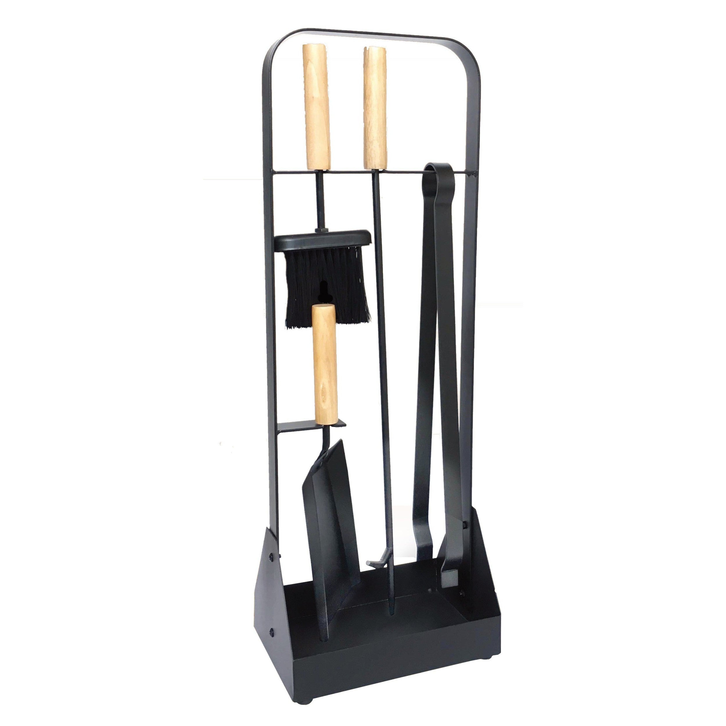 Deluxe Fire Tool Set 4 Piece + Stand - Black with Timber Handles