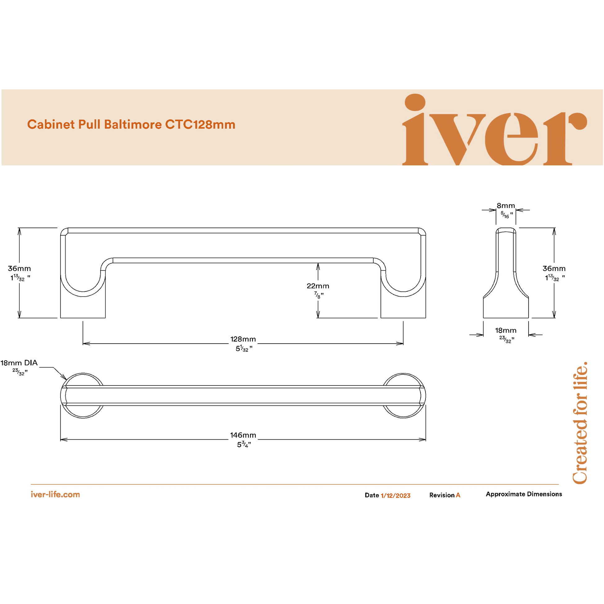 Iver Cabinet Pull Baltimore Brushed Chrome CTC128mm