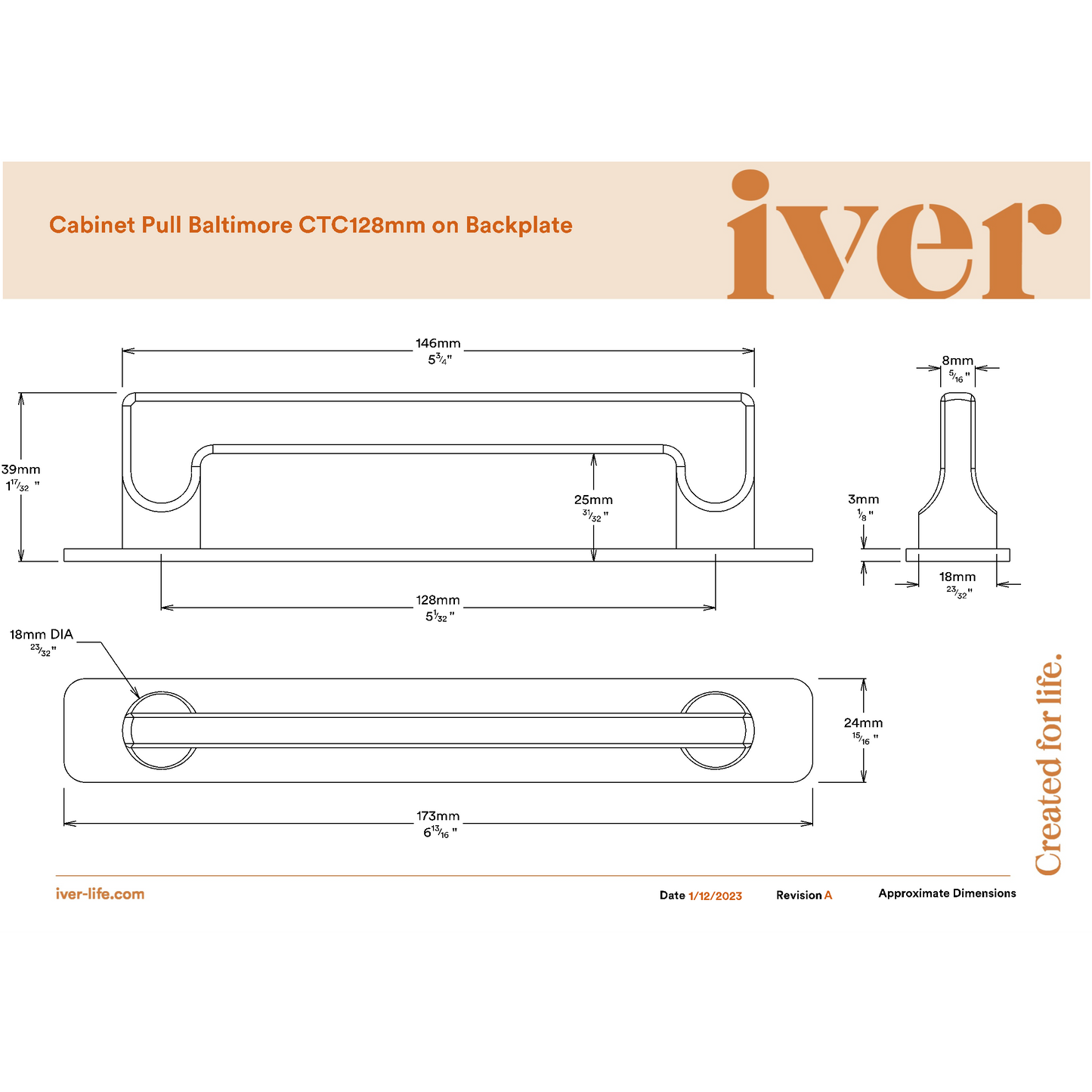 Iver Cabinet Pull Baltimore Brushed Chrome CTC128mm With Backplate
