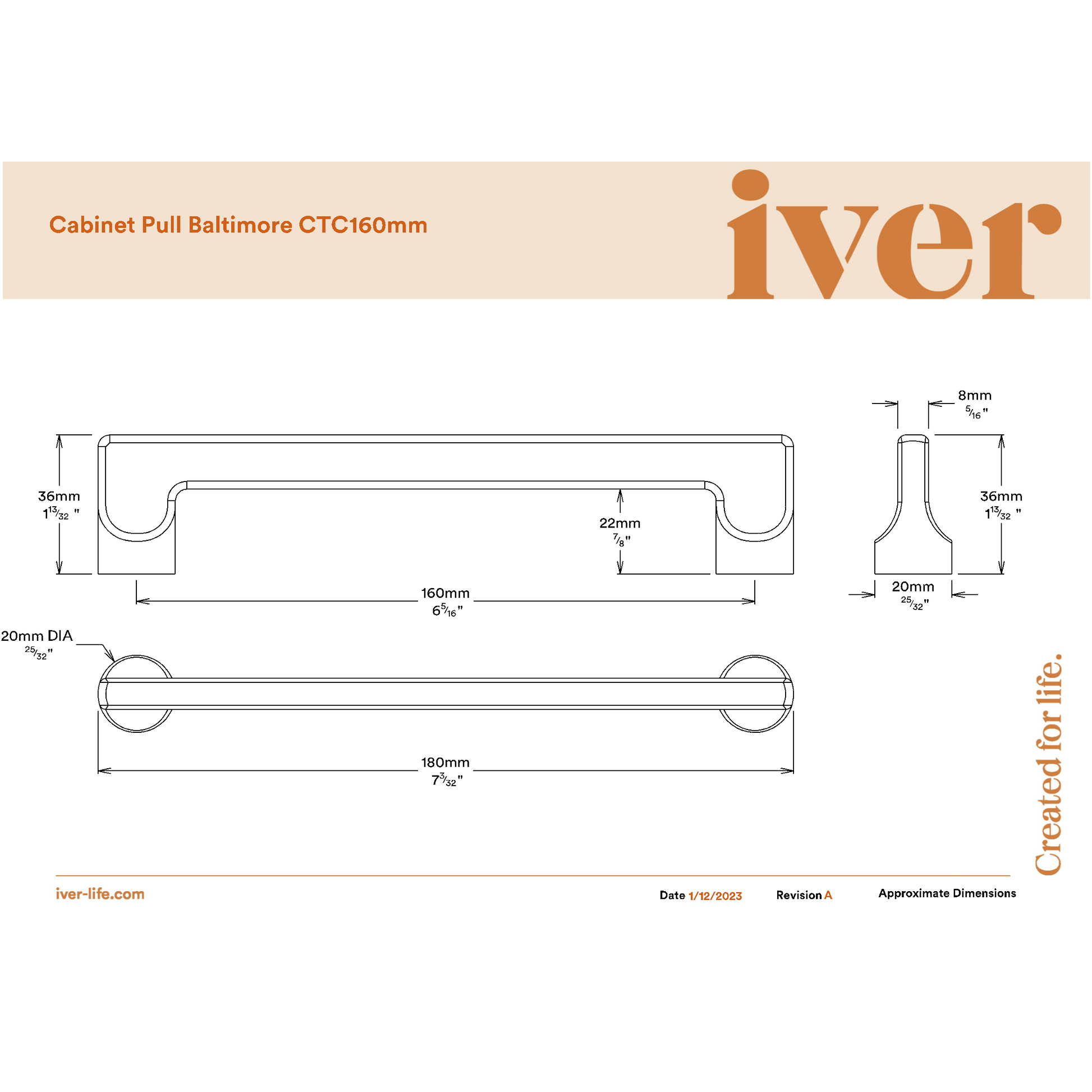 Iver Cabinet Pull Baltimore Brushed Chrome CTC160mm