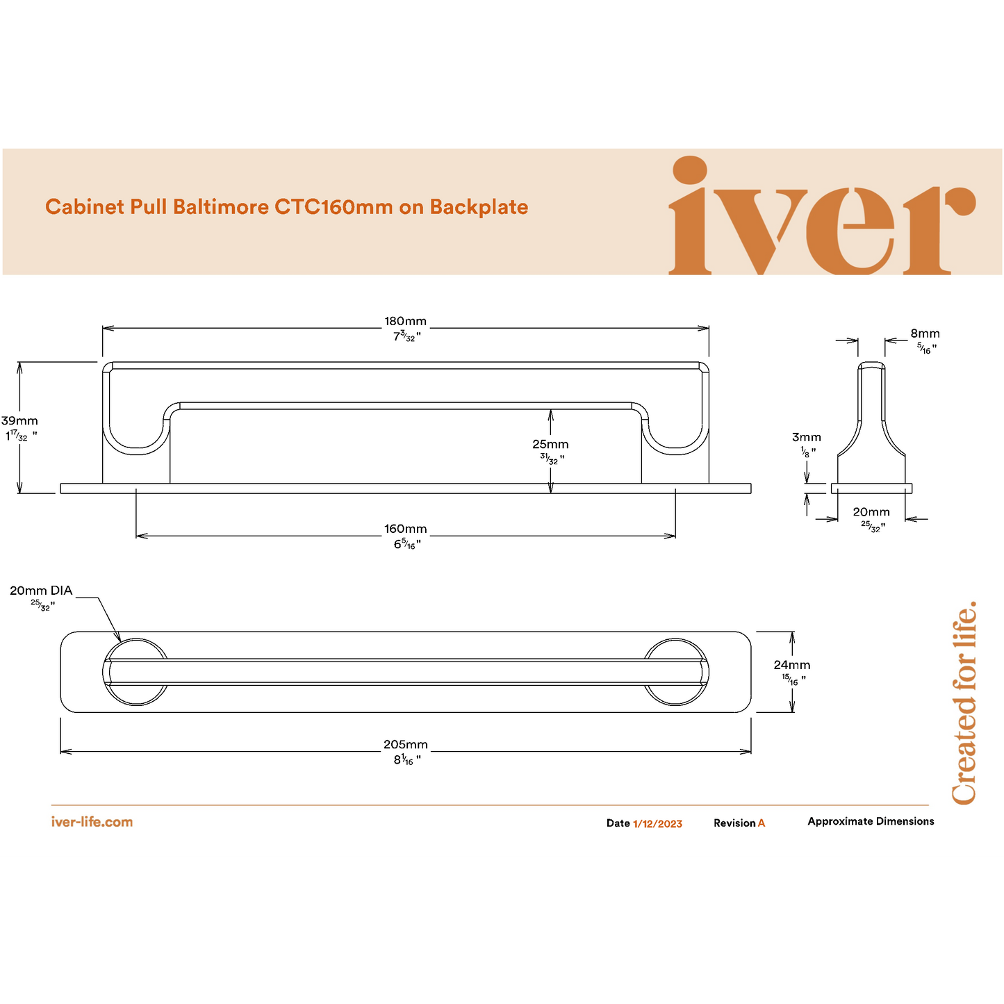 Iver Cabinet Pull Baltimore Brushed Chrome CTC160mm With Backplate