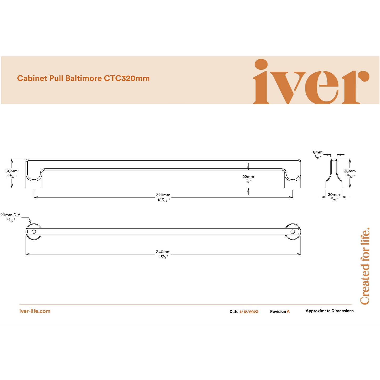 Iver Cabinet Pull Baltimore Brushed Chrome CTC320mm