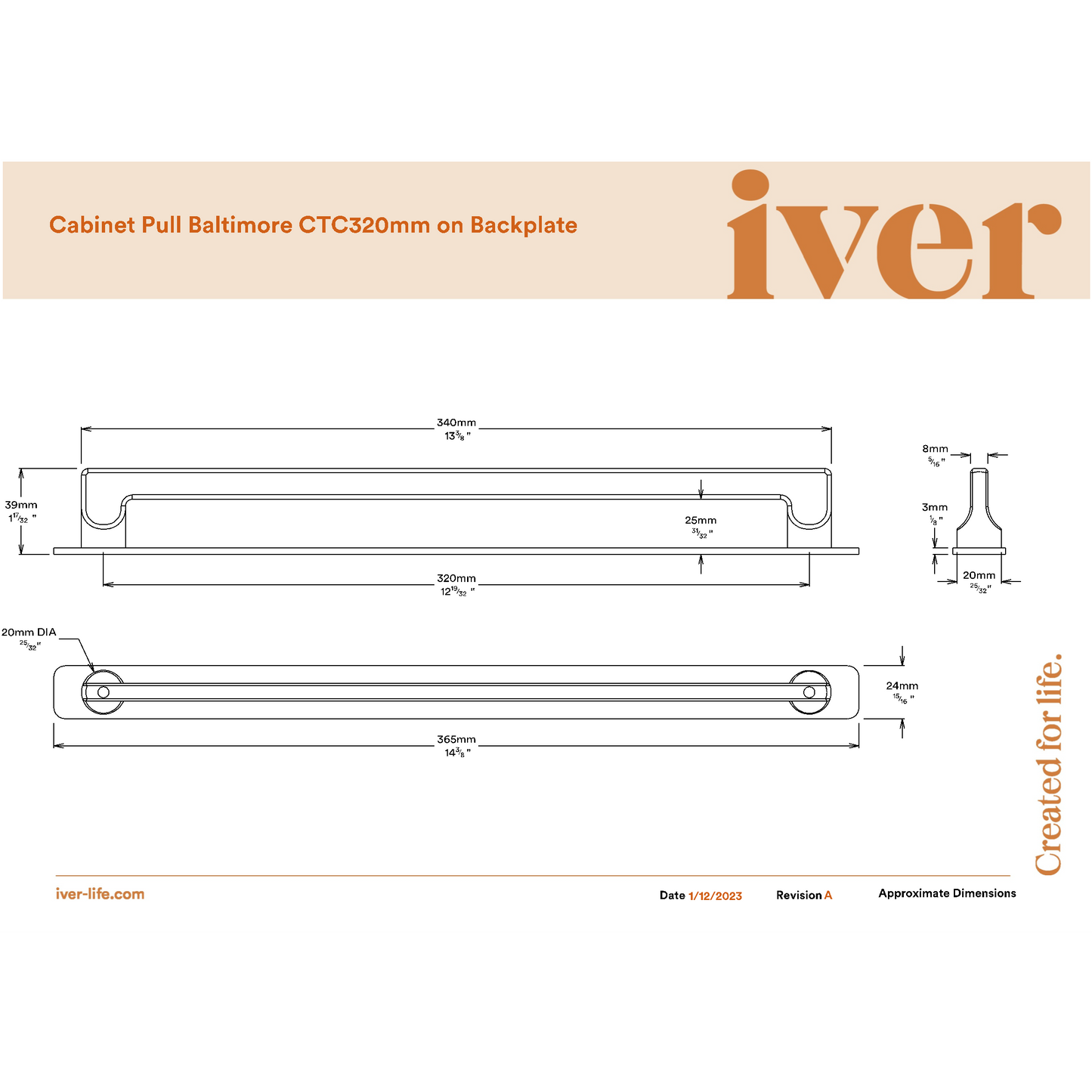 Iver Cabinet Pull Baltimore Brushed Chrome CTC320mm With Backplate