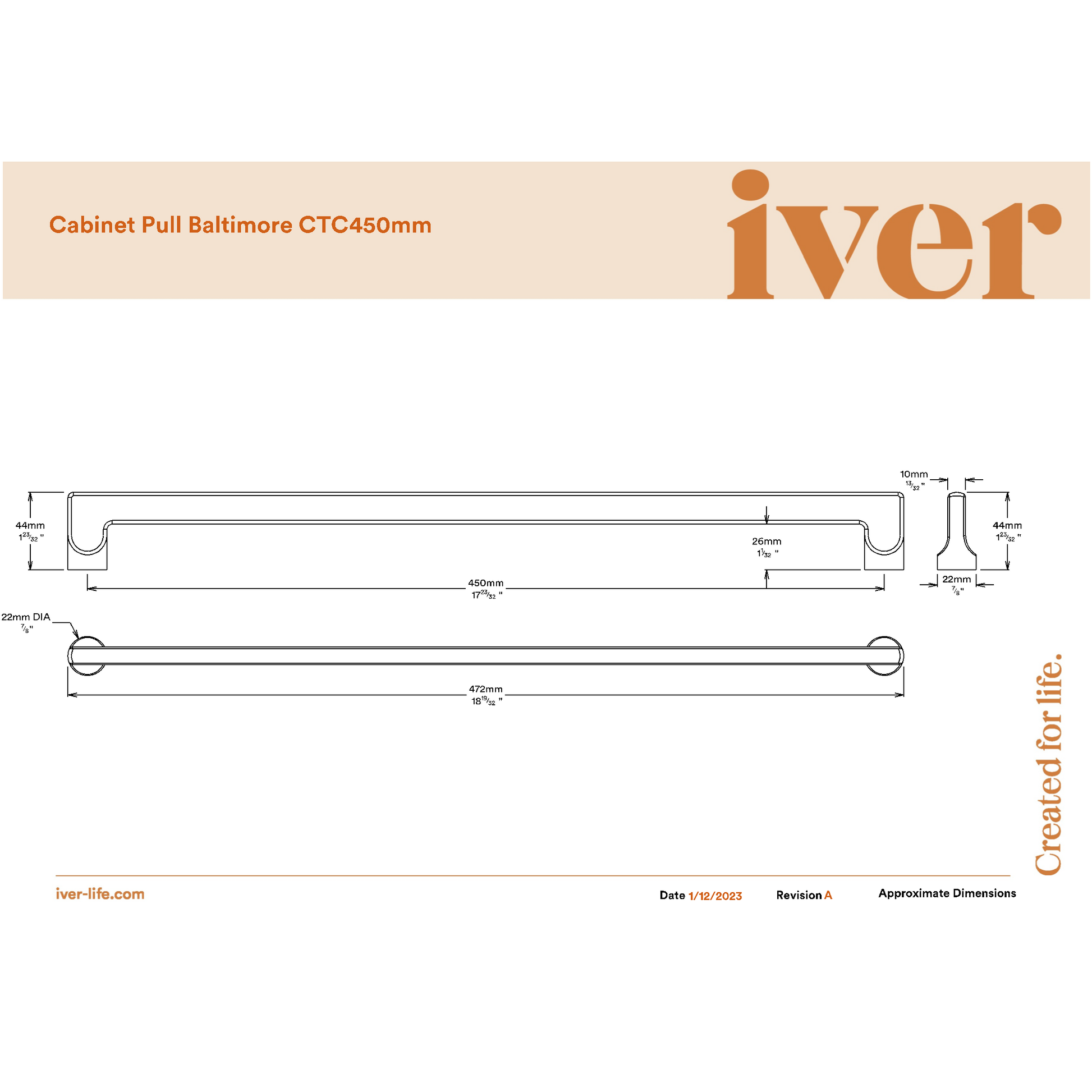 Iver Cabinet Pull Baltimore Brushed Chrome CTC450mm