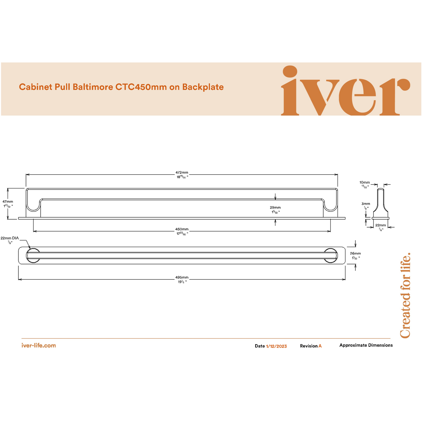 Iver Cabinet Pull Baltimore Brushed Chrome CTC450mm With Backplate