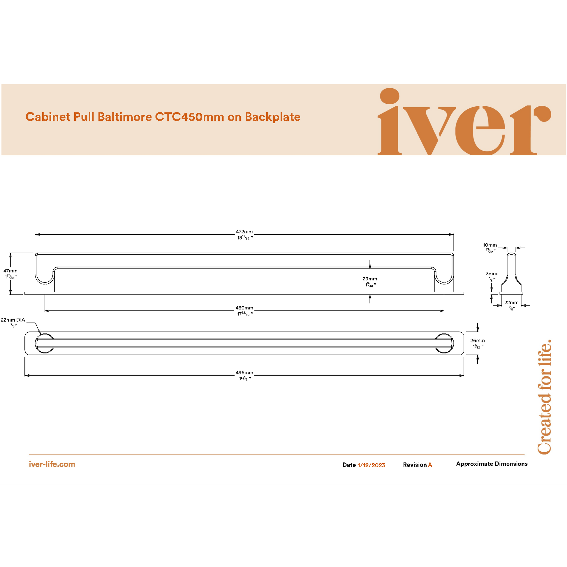 Iver Cabinet Pull Baltimore Brushed Chrome CTC450mm With Backplate