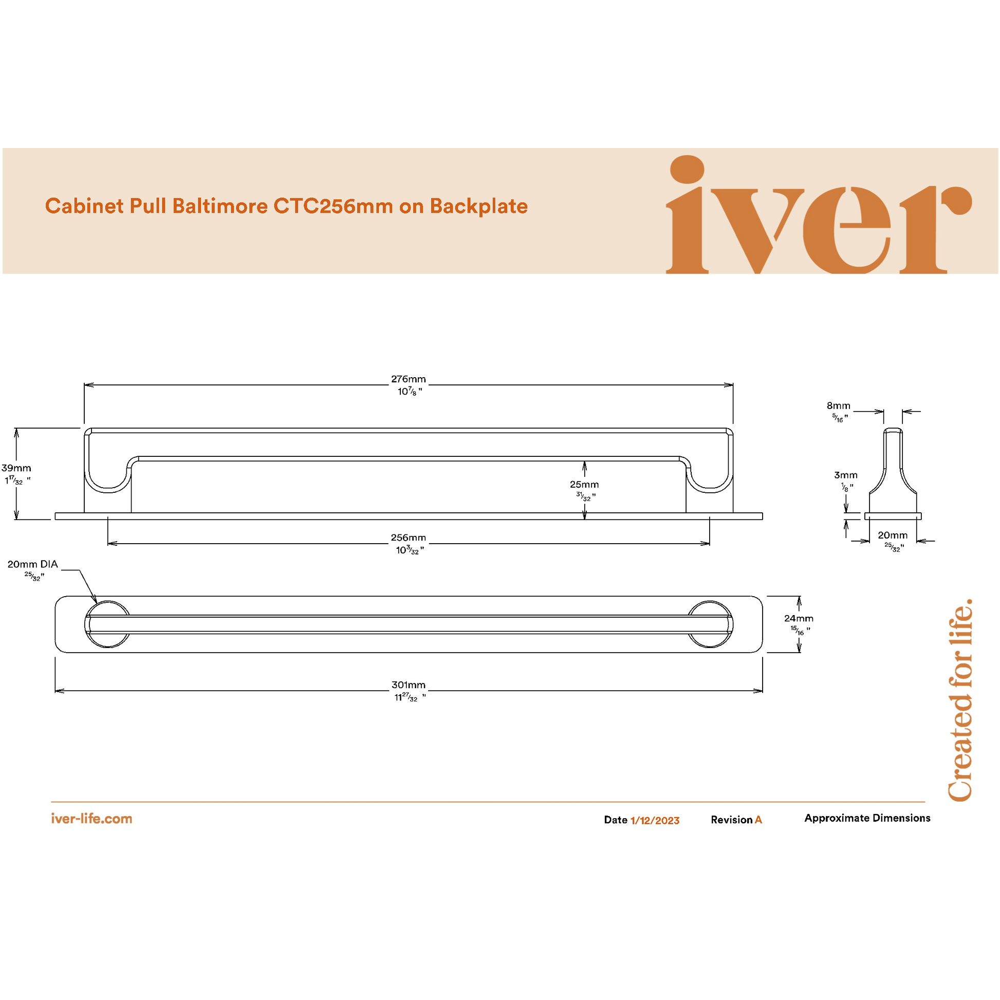 Iver Cabinet Pull Baltimore Matt Black CTC256mm With Backplate