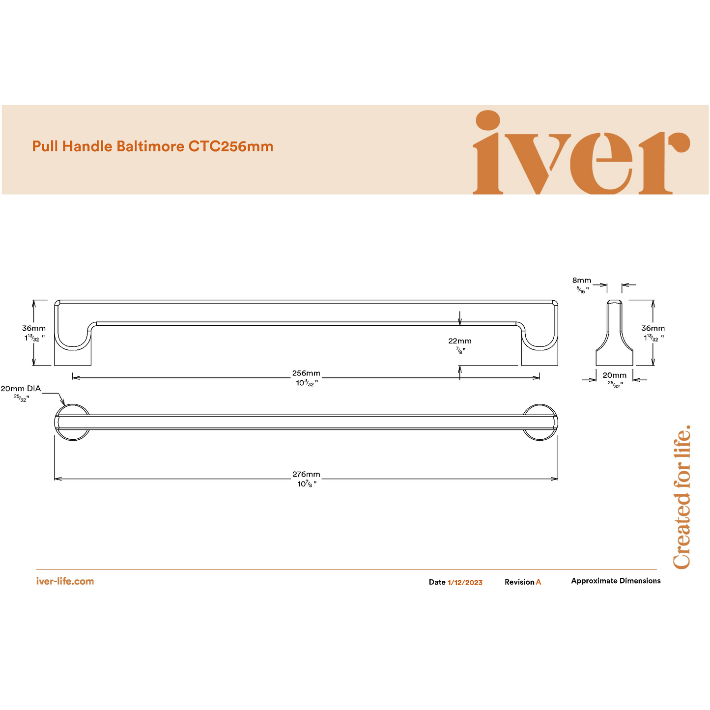 Iver Cabinet Pull Baltimore Signature Brass CTC256mm