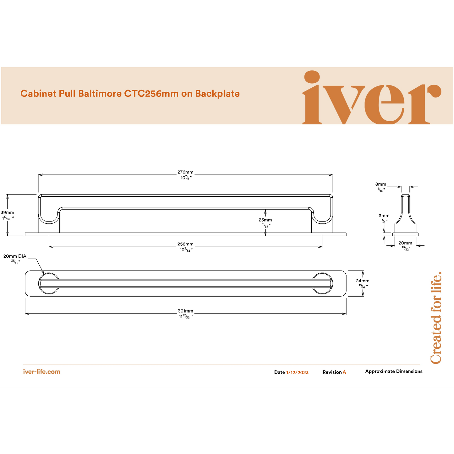 Iver Cabinet Pull Baltimore Signature Brass CTC256mm With Backplate