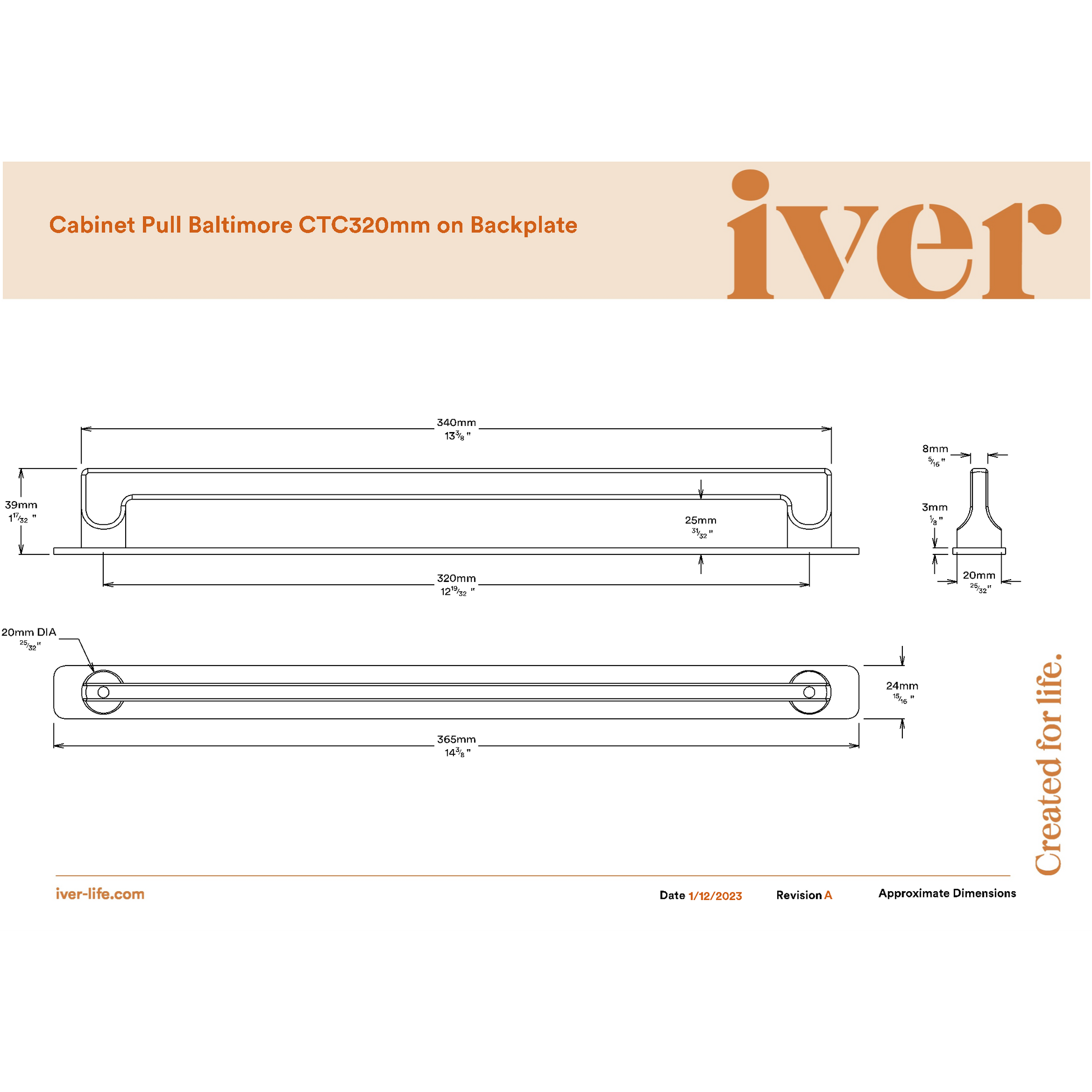 Iver Cabinet Pull Baltimore Signature Brass CTC320mm With Backplate