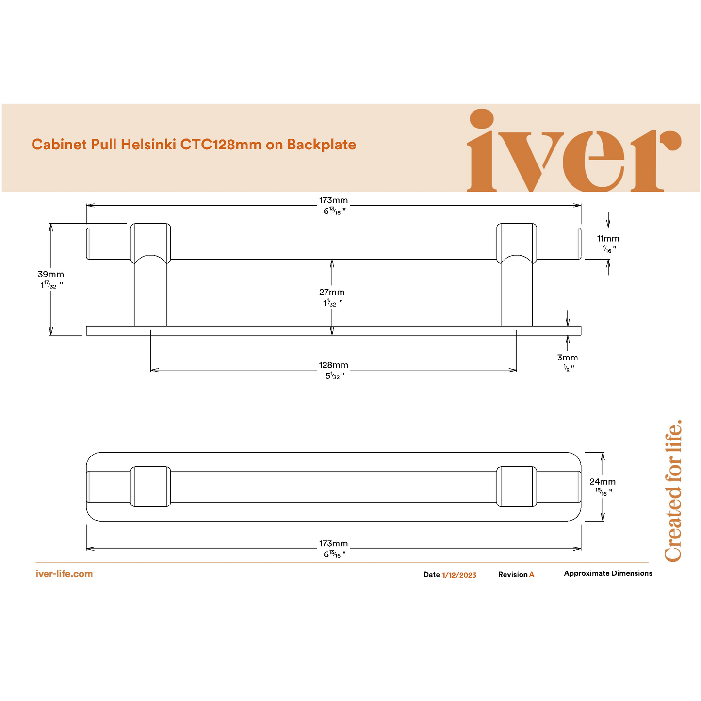 Iver Cabinet Pull Helsinki Brushed Chrome CTC128mm With Backplate