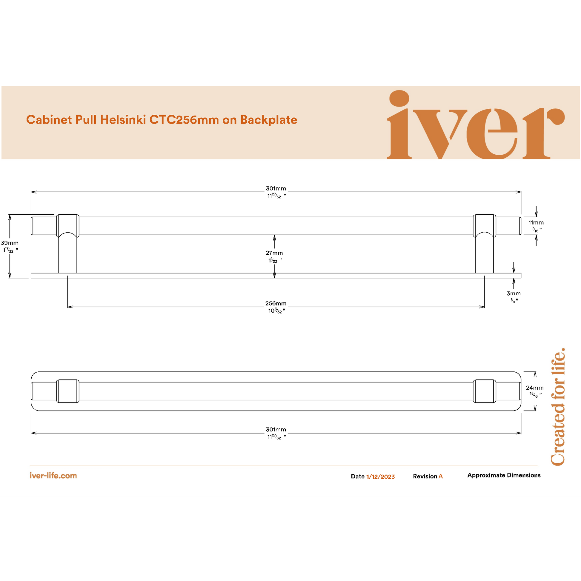 Iver Cabinet Pull Helsinki Brushed Chrome CTC256mm With Backplate